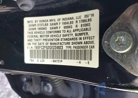 2016 Honda Civic Lx from USA, damaged, VIN 19XFC2F52GE224923